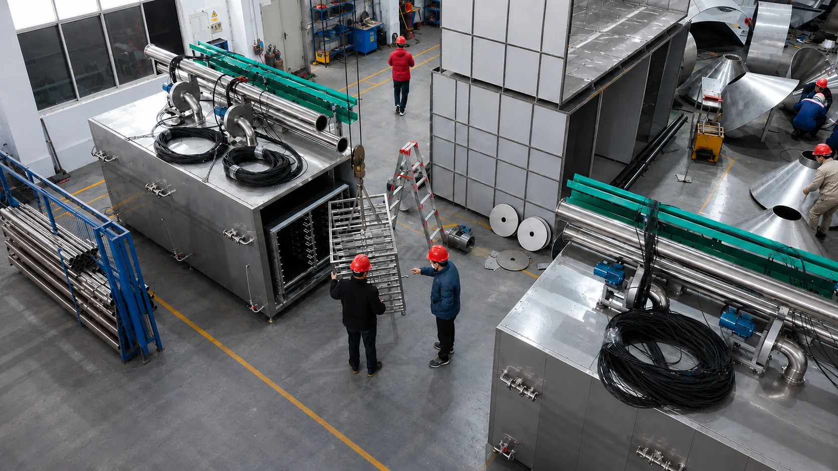 Engineers inspecting industrial drying equipment in the Zhengyuan workshop